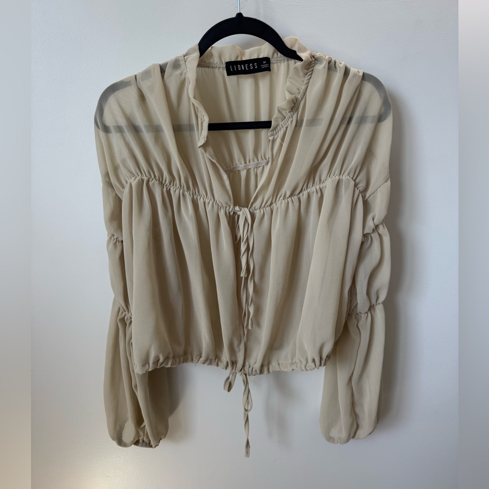 Lioness Beige Sheer Chiffon Crop Blouse Tie Front Puff Sleeve Top Size M